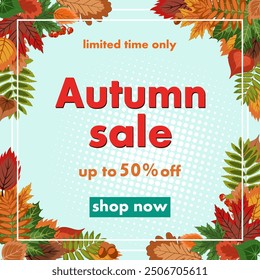 autumn sale, discount banner design on the background of colorful fallen leaves to promote purchases in the autumn season. bright vector illustration on a sky blue textured background