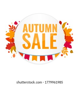 Autumn sale discount banner with autumn leaves and flags. Season discount concept. Vector stock illustration.