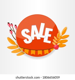 Autumn sale discount banner with autumn leaves and berries. Season discount concept. Vector stock illustration.