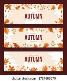 Autumn sale discount banners flat design. Autumn background banner flyer template Premium Vector