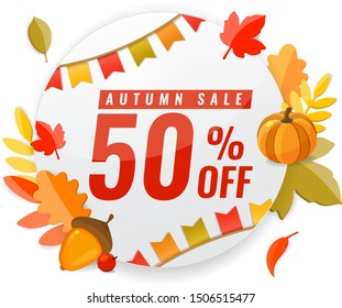 Autumn sale discount circle lable with berries, pumpkin, acorn and autumn leaves. 50 OFF discount concept. Vector illustration.