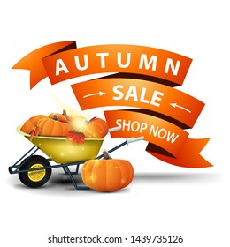 Autumn sale, discount clickable web banner in the form of ribbons with garden wheelbarrow with a harvest of pumpkins and autumn leaves