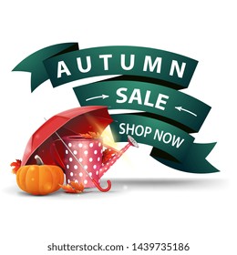 Autumn sale, discount clickable web banner in the form of ribbons with garden watering can, umbrella and ripe pumpkin