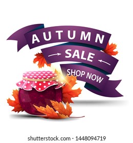 Autumn sale, discount clickable web banner in the form of ribbons with jar of jam and maple leaves