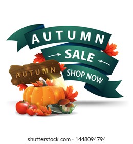 Autumn sale, discount clickable web banner in the form of ribbons with harvest of vegetables and a wooden sign