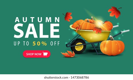 Autumn sale, discount green web banner in minimalist style with garden wheelbarrow with a harvest of pumpkins and autumn leaves