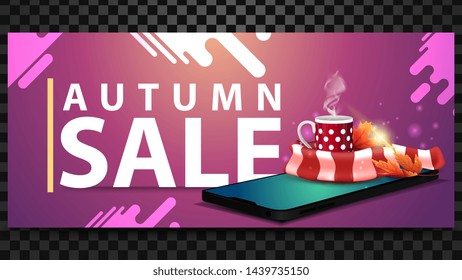 Autumn sale, discount horizontal banner with a smartphone, mug of hot tea and warm scarf