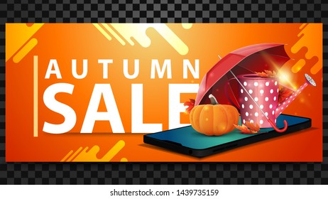 Autumn sale, discount horizontal banner with a smartphone, garden watering can, umbrella and ripe pumpkin
