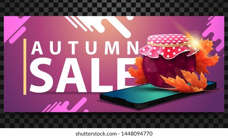 Autumn sale, discount horizontal banner with a smartphone, jar of jam and maple leaves