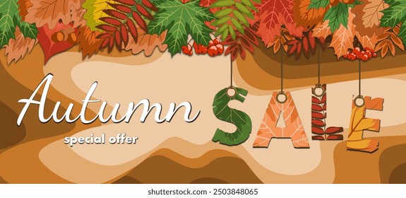 autumn sale, discount horizontal banner design on the background of colorful fallen leaves to promote purchases in the autumn season. bright vector illustration