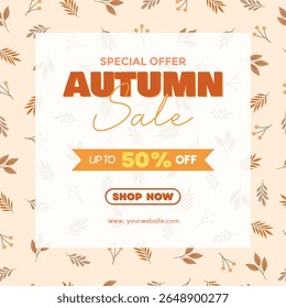 Autumn sale discount with autumn leaves pattern background. Vector illustration autumn sale offer for social media and shopping event promotions.