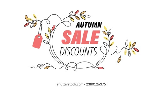 Autumn sale. Discount now. Hand drawn autumn elements, abstract leaves in a decorative frame. Design