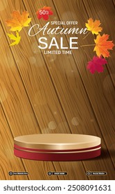 autumn sale discount portait template banner with blank space 3d podium for social media post product sale with abstract gradient brown background design1
