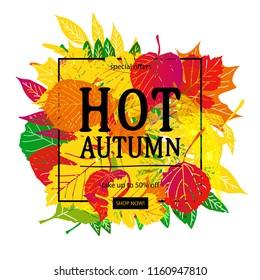 Autumn sale discount vector banner with orange foliage in watercolor style