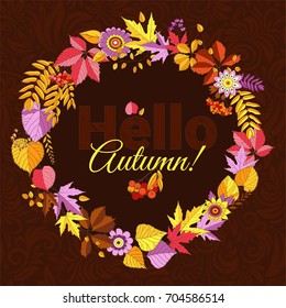 Autumn sale discount vector illustration with flowers and leaves, wreath banner for text with colorful foliage in cute flat doodle style. Layout for discount label, email promo banner, shopping, print