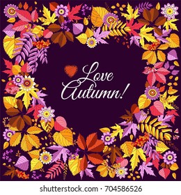 Autumn sale discount vector illustration with flowers and leaves, flat heart shape banner for text with colorful foliage in cute doodle style. Layout for discount label, email, promo banner, shopping