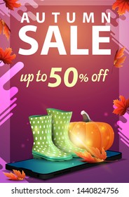 Autumn sale, discount vertical banner with smartphone, rubber boots and pumpkin
