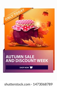 Autumn sale, discount vertical web banner with jar of jam and maple leaves