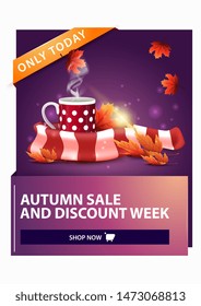 Autumn sale, discount vertical web banner with mug of hot tea and warm scarf