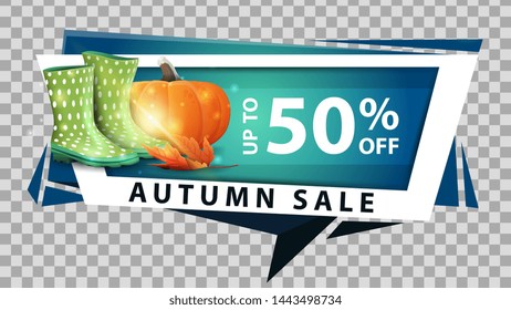 Autumn sale, discount web banner in geometric style with rubber boots and pumpkin