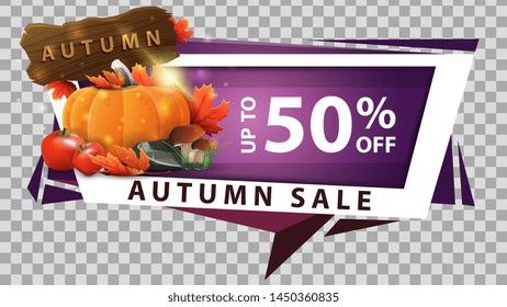 Autumn sale, discount web banner in geometric style with harvest of vegetables and a wooden sign