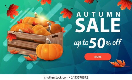 Autumn sale, discount web banner for your site in a modern style with button, wooden crates of ripe pumpkins and autumn eaves