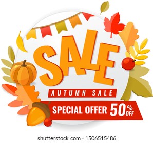 Autumn sale discount web banner with berries, pumpkin, acorn and autumn leaves. Special offer marketing concept. Vector illustration.