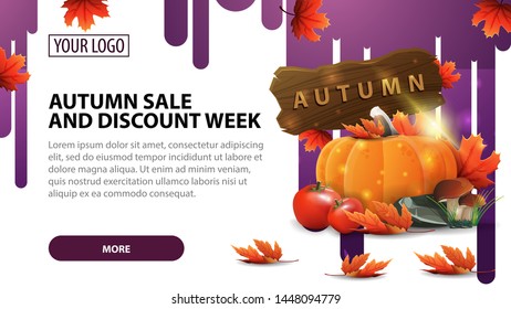 Autumn sale and discount week, banner with harvest of vegetables and a wooden sign