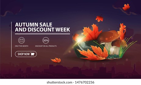 Autumn sale and discount week, discount banner with city on background, mushrooms and autumn leaves