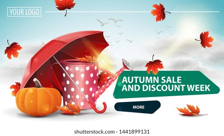 Autumn sale and discount week, clickable web banner for your website with a beautiful cloud background, garden watering can, umbrella and ripe pumpkin