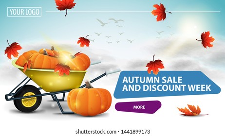 Autumn sale and discount week, clickable web banner for your website with a beautiful cloud background, garden wheelbarrow with a harvest of pumpkins and autumn leaves