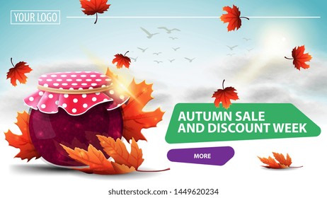 Autumn sale and discount week, clickable web banner for your website with a beautiful cloud background, jar of jam and maple leaves