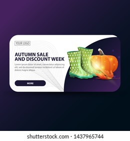 Autumn sale and discount week, horizontal banner with modern design, rubber boots and pumpkin