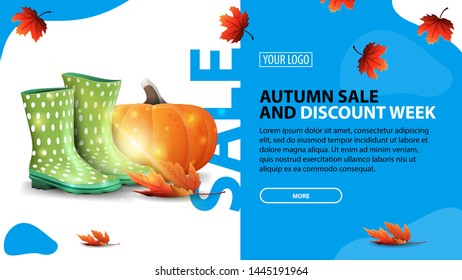Autumn sale and discount week, horizontal discount banner for your website with modern design, rubber boots and pumpkin