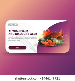 Autumn sale and discount week, horizontal banner with modern design, mushrooms and autumn leaves