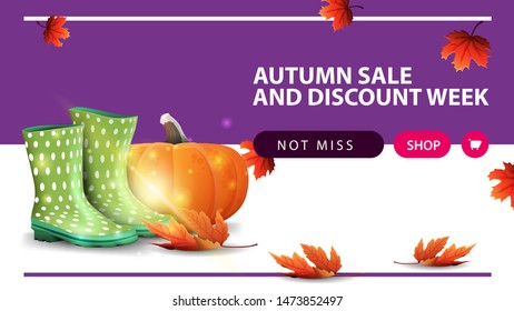 Autumn sale and discount week, horizontal discount web banner with rubber boots and pumpkin