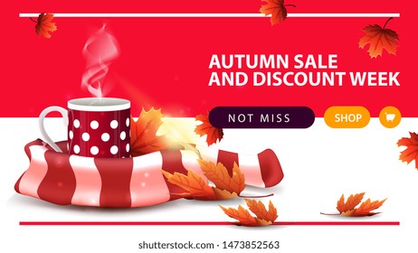 Autumn sale and discount week, horizontal discount web banner with mug of hot tea and warm scarf
