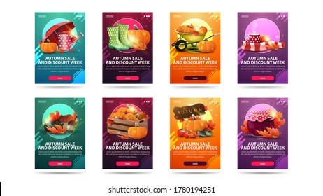 Autumn sale and discount week, large set of modern vertical discount banners with buttons and autumn elements. Green, orange, purple and pink autumn discount banners isolated on white background