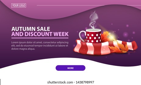 Autumn sale and discount week, modern discount web banner for the site with mug of hot tea and warm scarf