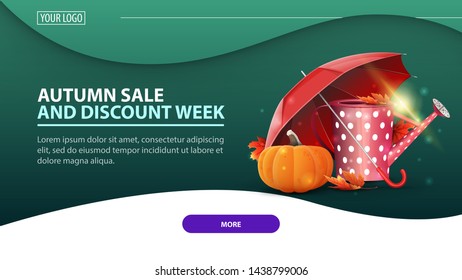 Autumn sale and discount week, modern discount web banner for the site with garden watering can, umbrella and ripe pumpkin