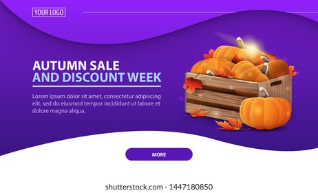 Autumn sale and discount week, modern discount web banner for the site with wooden crates of ripe pumpkins and autumn eaves