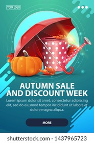 Autumn sale and discount week, vertical discount banner with modern design in dark shades for your website with garden watering can, umbrella and ripe pumpkin
