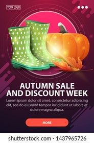Autumn sale and discount week, vertical discount banner with modern design in dark shades for your website with rubber boots and pumpkin
