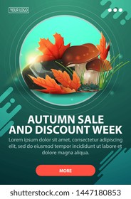 Autumn sale and discount week, vertical discount banner with modern design in dark shades for your website with mushrooms and autumn leaves