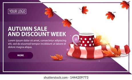Autumn sale and discount week, discount web banner template for your website in a modern style with mug of hot tea and warm scarf