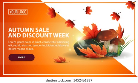 Autumn sale and discount week, discount web banner template for your website in a modern style with mushrooms and autumn leaves