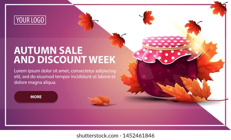 Autumn sale and discount week, discount web banner template for your website in a modern style with jar of jam and maple leaves