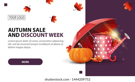 Autumn sale and discount week, discount white minimalist web banner template for your website with garden watering can, umbrella and ripe pumpkin