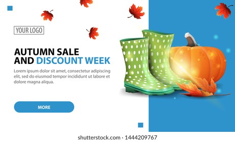 Autumn sale and discount week, discount white minimalist web banner template for your website with rubber boots and pumpkin