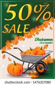 Autumn sale and discount week, discount white minimalist web banner template for your website with garden wheelbarrow with a harvest of pumpkins and autumn leaves
